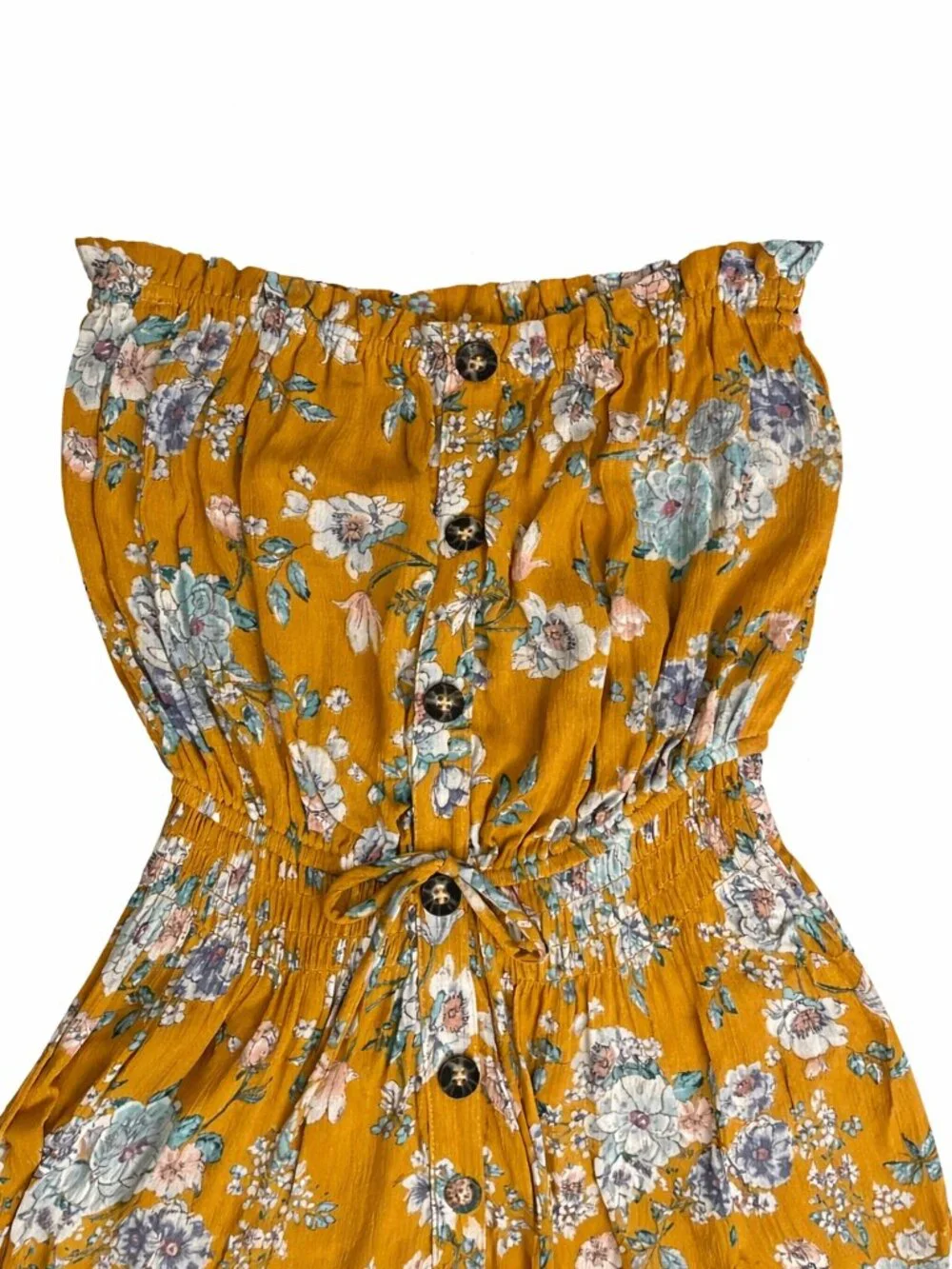 Socialite Strapless Floral Maxi Dress Yellow Smocked Waist Slit Size S - Picture 3 of 5